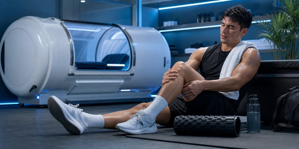 Athlete using MACY-PAN high pressure chamber for DOMS post-event muscle soreness