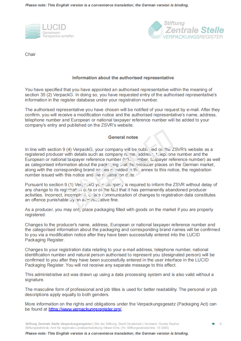 MACY-PAN German Packaging Act Certificate Page 6