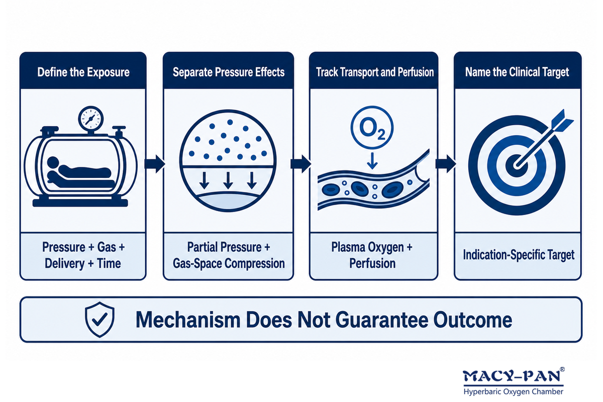 Four checkpoints trace HBOT from defined exposure through pressure, transport, perfusion, and clinical target