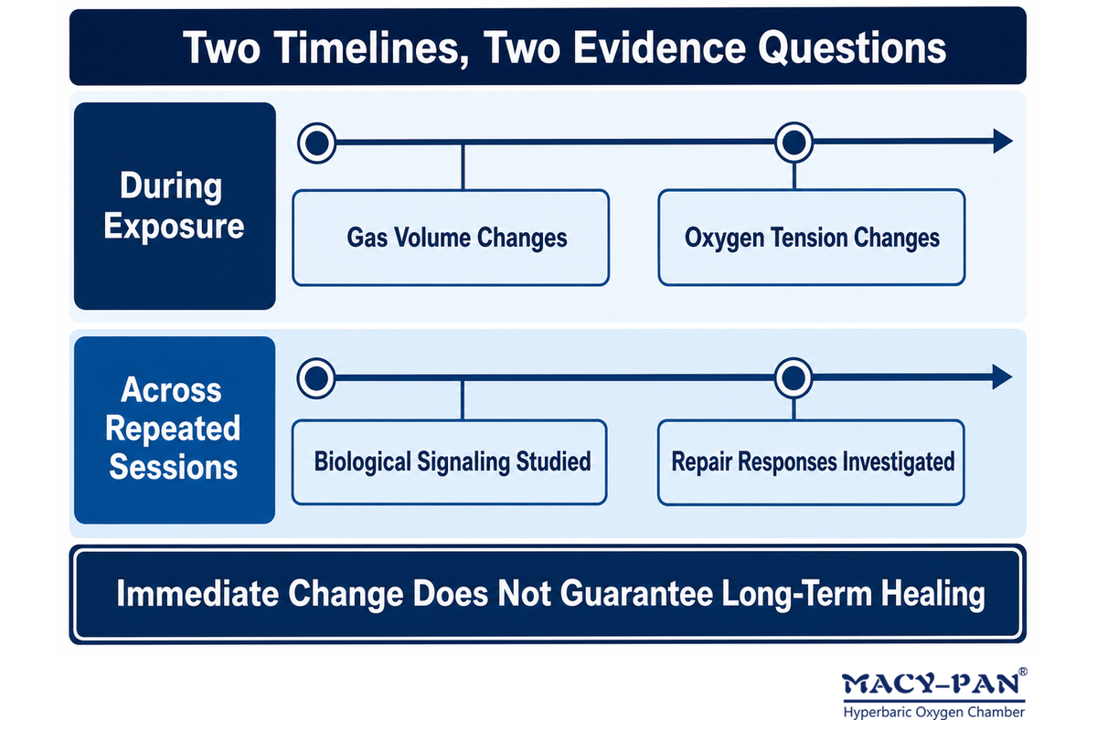 Timeline separates immediate HBOT pressure and oxygen effects from repeated-session research signals