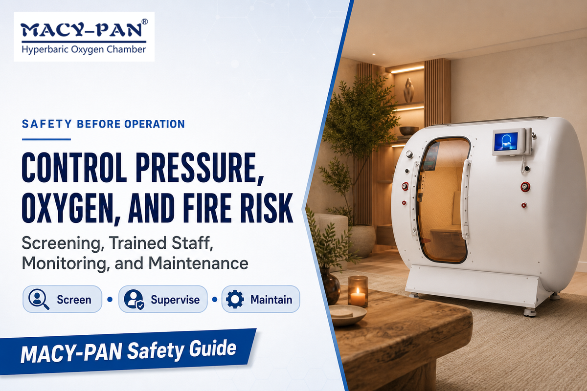HBOT safety poster links patient screening with pressure, oxygen, fire, supervision, and maintenance controls