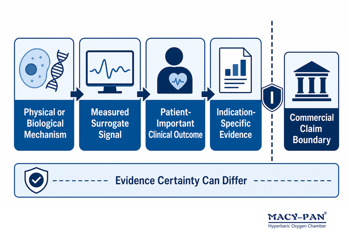 Evidence chain separates HBOT mechanism and surrogate signals from clinical outcomes and commercial claims