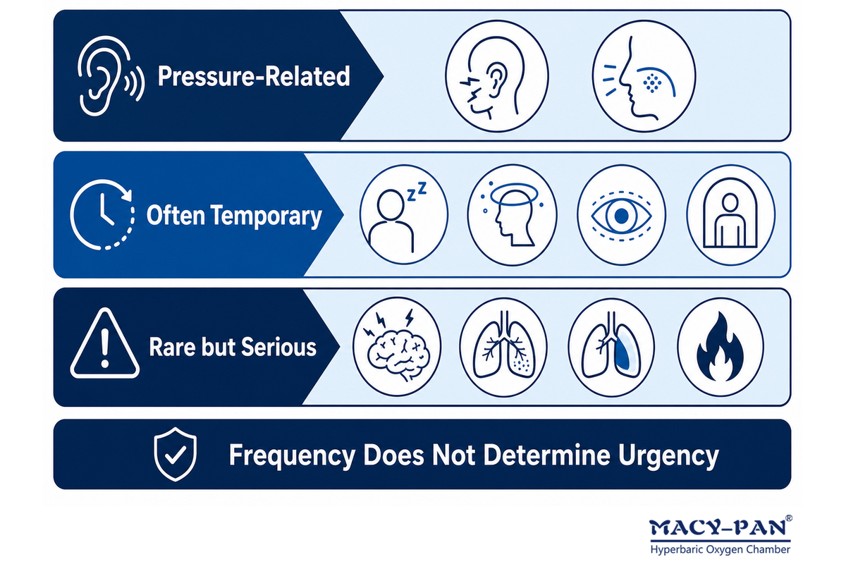 HBOT side-effect spectrum separates pressure effects, often temporary symptoms, and rare serious complications