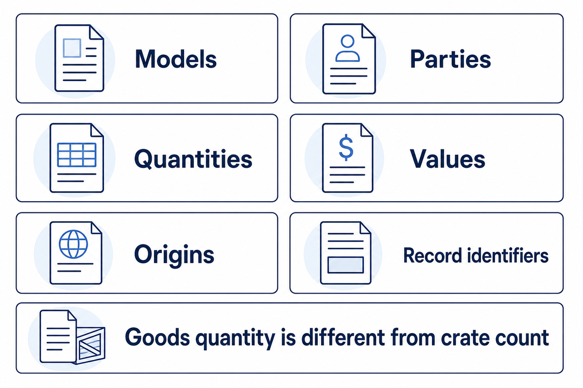 Match model, parties, quantity, value, origin and record IDs; crates are not goods quantity. Source: 19 CFR 141.86.