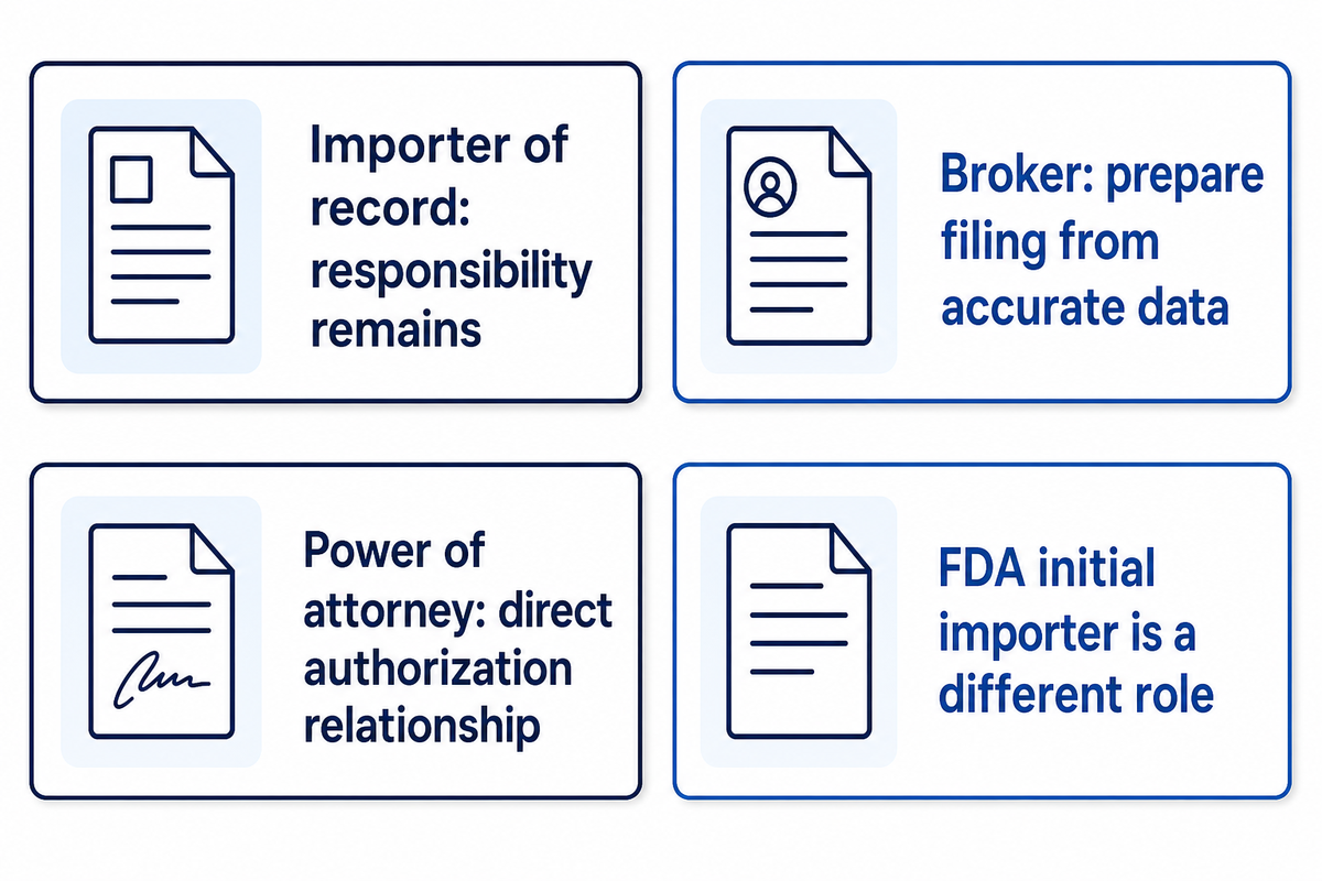 Importer duties remain; broker authority and FDA initial-importer roles differ. Sources: CBP and FDA.