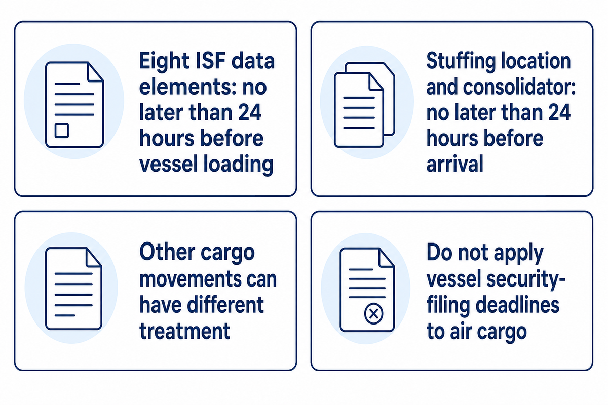 ISF: eight data elements 24h before vessel loading; two 24h before arrival, with exceptions. Source: CBP.