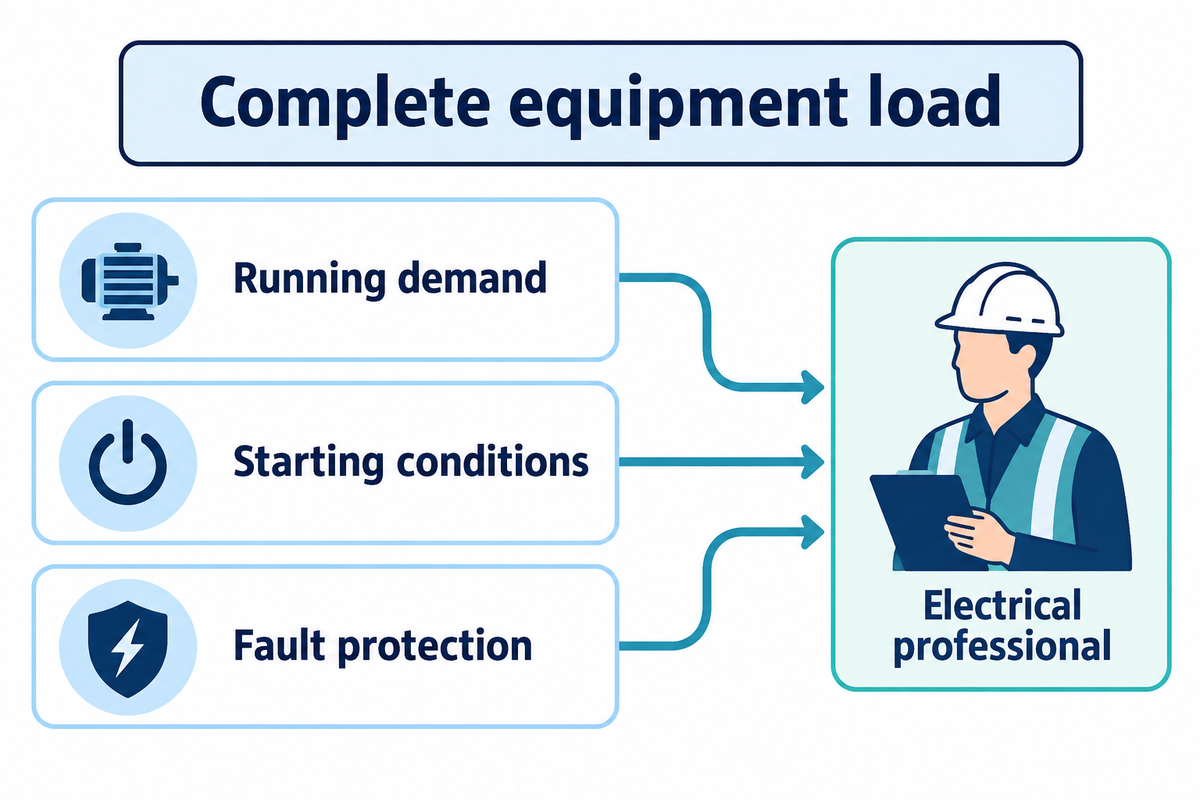 Running demand, startup conditions and fault protection need separate review under OSHA 1910.303.