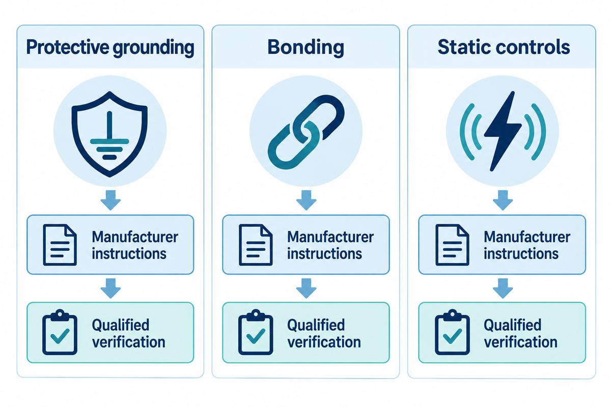 Grounding, bonding and static controls are separate checks; follow FDA advice and device instructions.