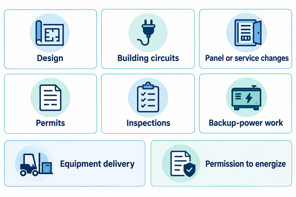 Quote design, circuits, upgrades, permits, inspections and backup work separately; review time is not installation time.