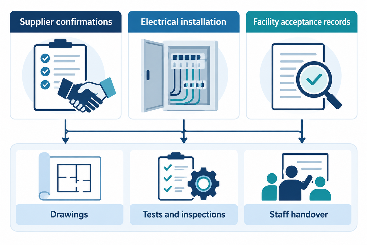 Supplier confirmation, electrical acceptance and facility authorization are separate records under applicable NFPA and OSHA rules.