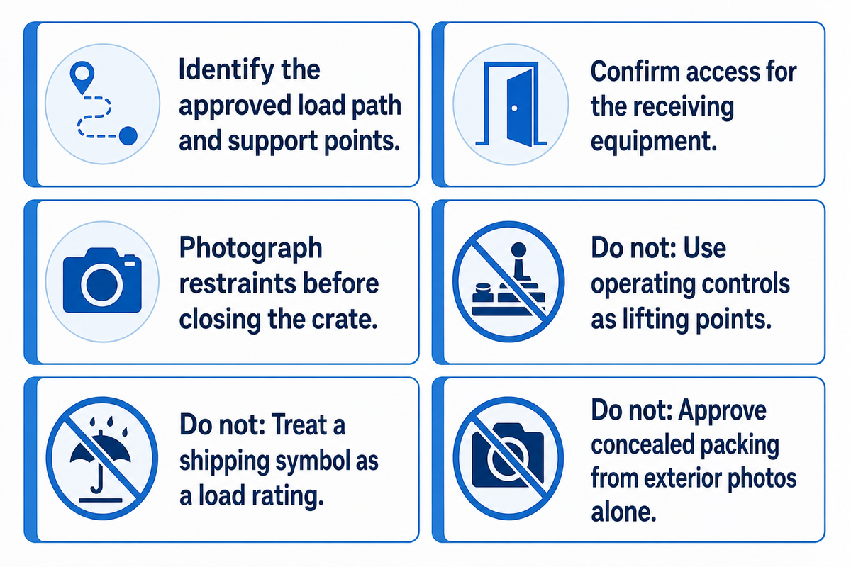 Check support, access and restraint evidence; keep operating controls out of lifting decisions.