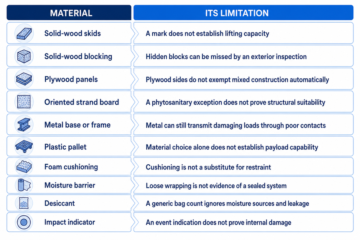 Ten material checks distinguish wood-rule scope from physical packing suitability.