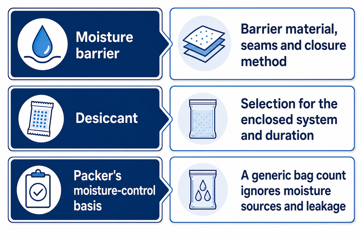 Moisture protection depends on the enclosure, closure and selection basis; a bag count alone is insufficient.