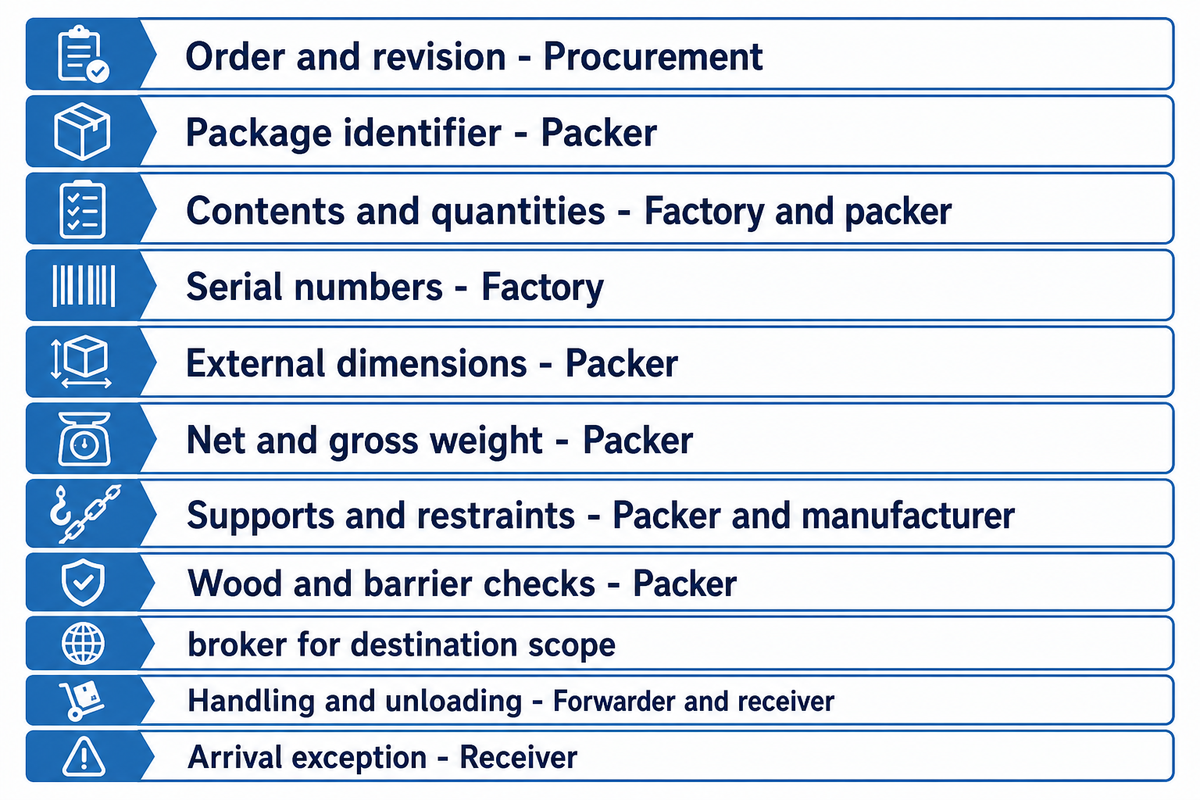 Ten connected records link package identity, packing evidence and receiving exceptions.