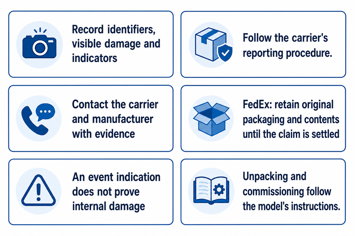 Record delivered condition and follow the agreed escalation procedure; an indicator alone does not prove internal damage.
