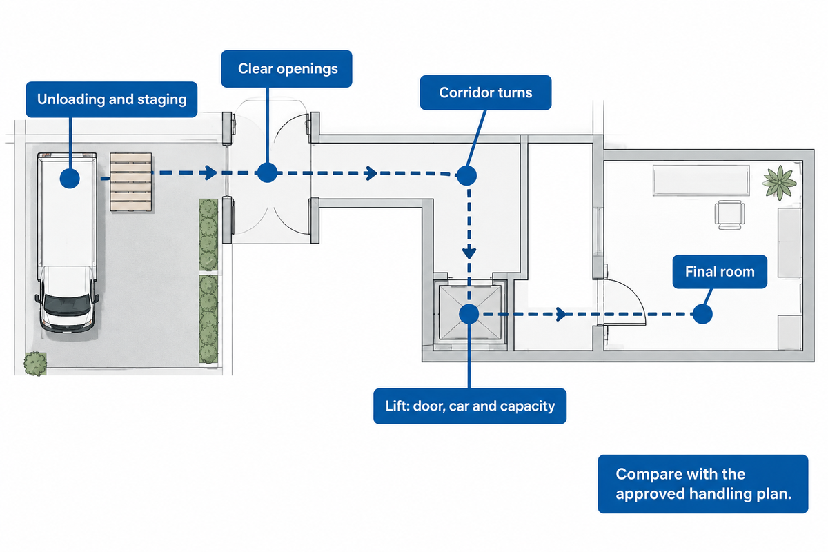 A schematic delivery route identifies unloading, door openings, corridor turns, lift records and the final room for handling review.