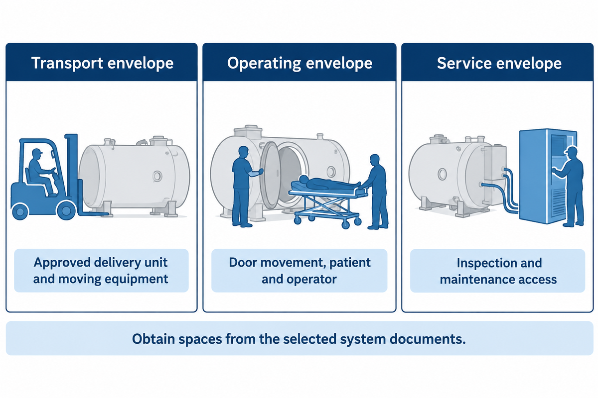Three planning views separate the chamber transport arrangement, operating movement and manufacturer-required service access.