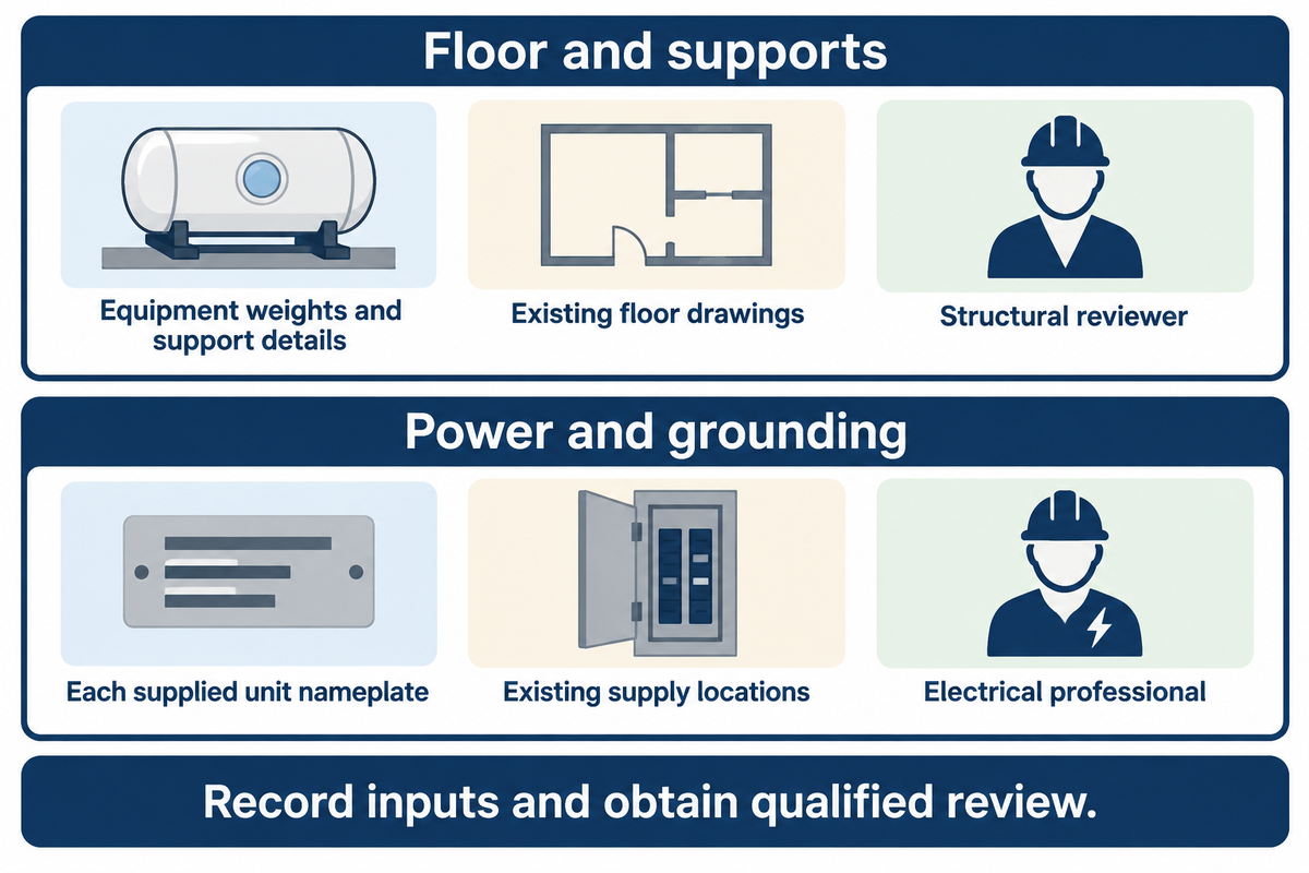 Separate structural and electrical evidence lanes lead equipment and building records to the relevant qualified site reviewers.