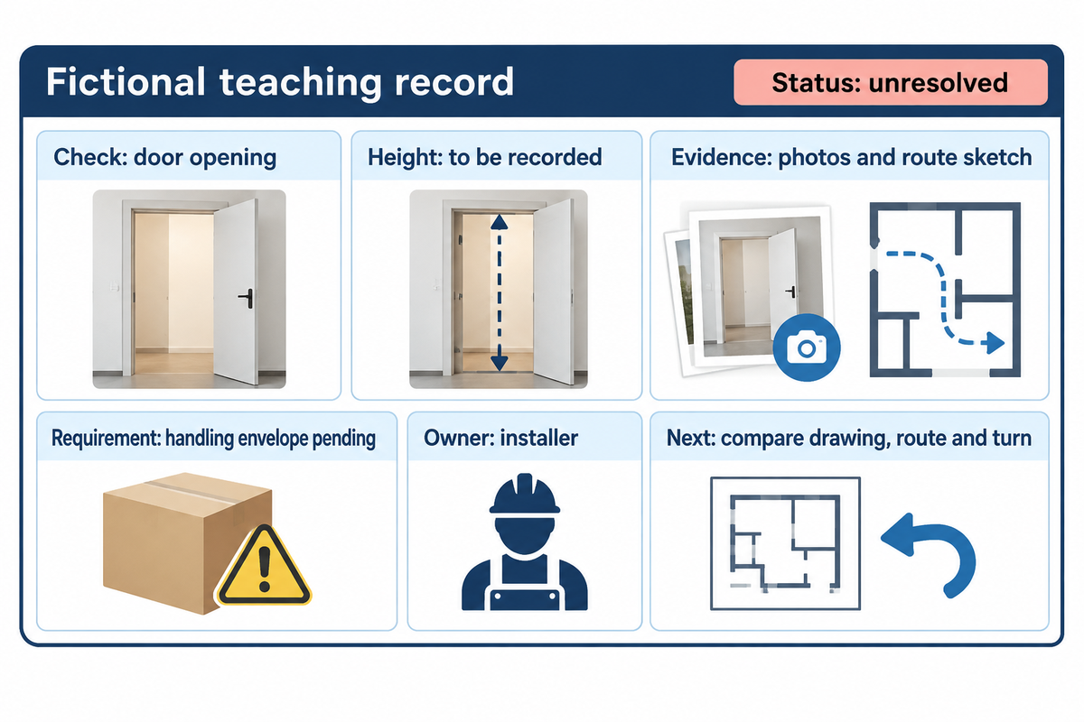 A fictional doorway survey record keeps missing height and handling-envelope information unresolved with evidence and a named installer.