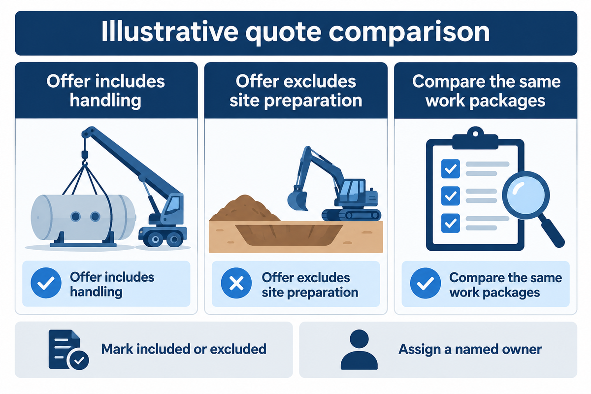An illustrative quote comparison shows why handling and site-preparation inclusions must be aligned before comparing totals.