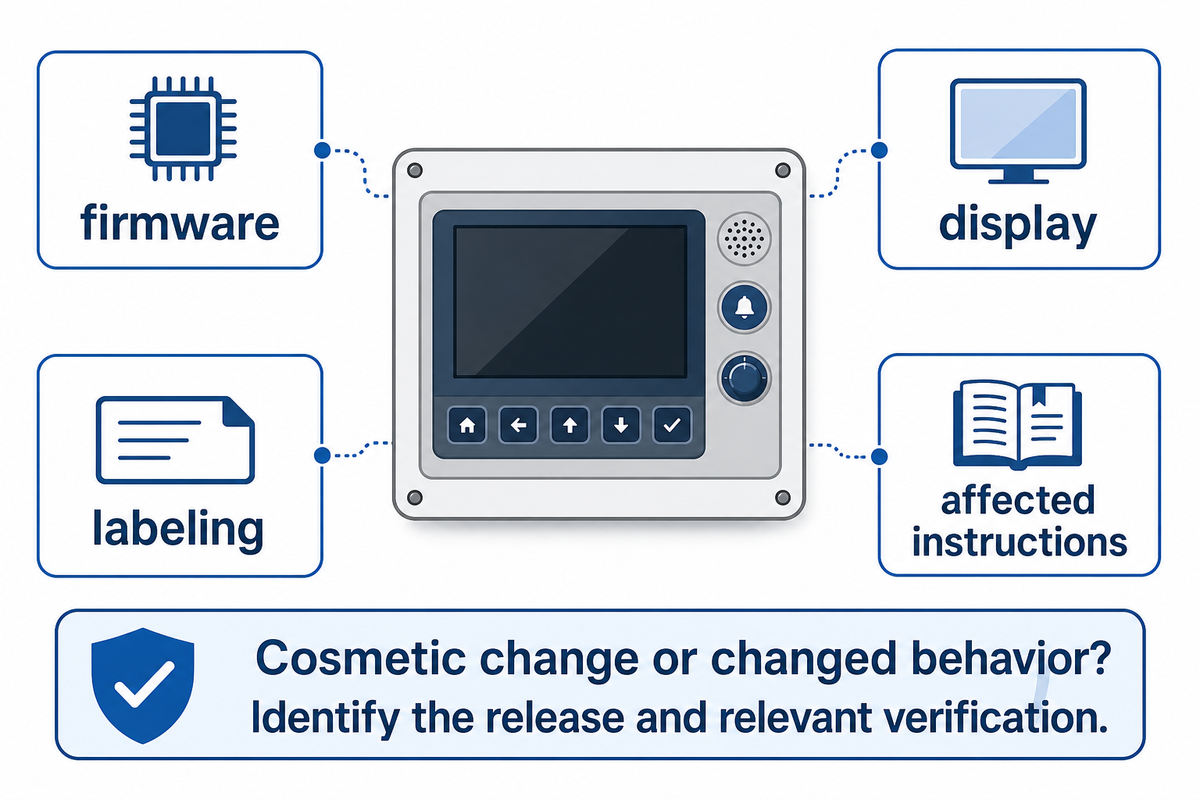 A control-panel change may affect firmware, display, labeling and instructions; assess the complete combination.