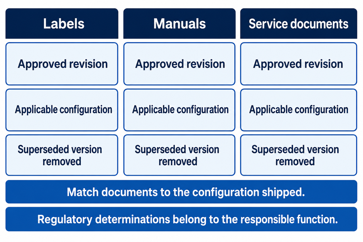 Labels, manuals and service documents must correspond with the shipped configuration.