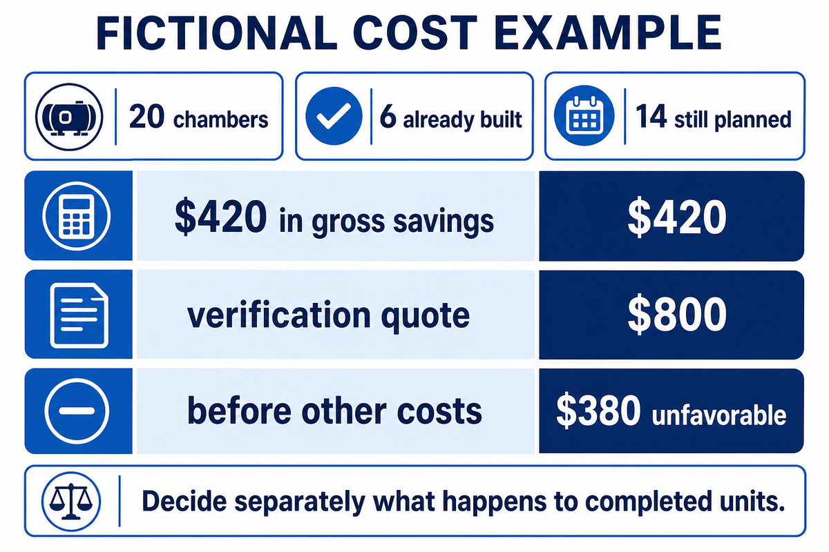 Fictional example: $420 gross component savings versus $800 verification leaves $380 unfavorable before other costs.