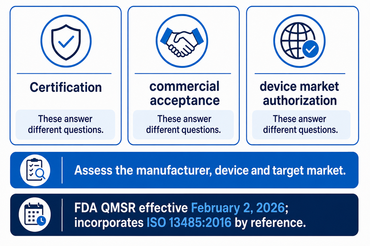 Certification, purchase acceptance and market authorization answer separate questions; FDA QMSR effective February 2, 2026.