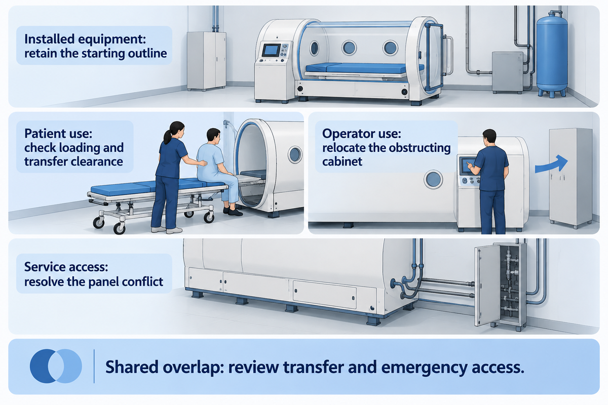 Overlay equipment, patient/operator activities and service access to expose conflicts before choosing the room; buyer method.