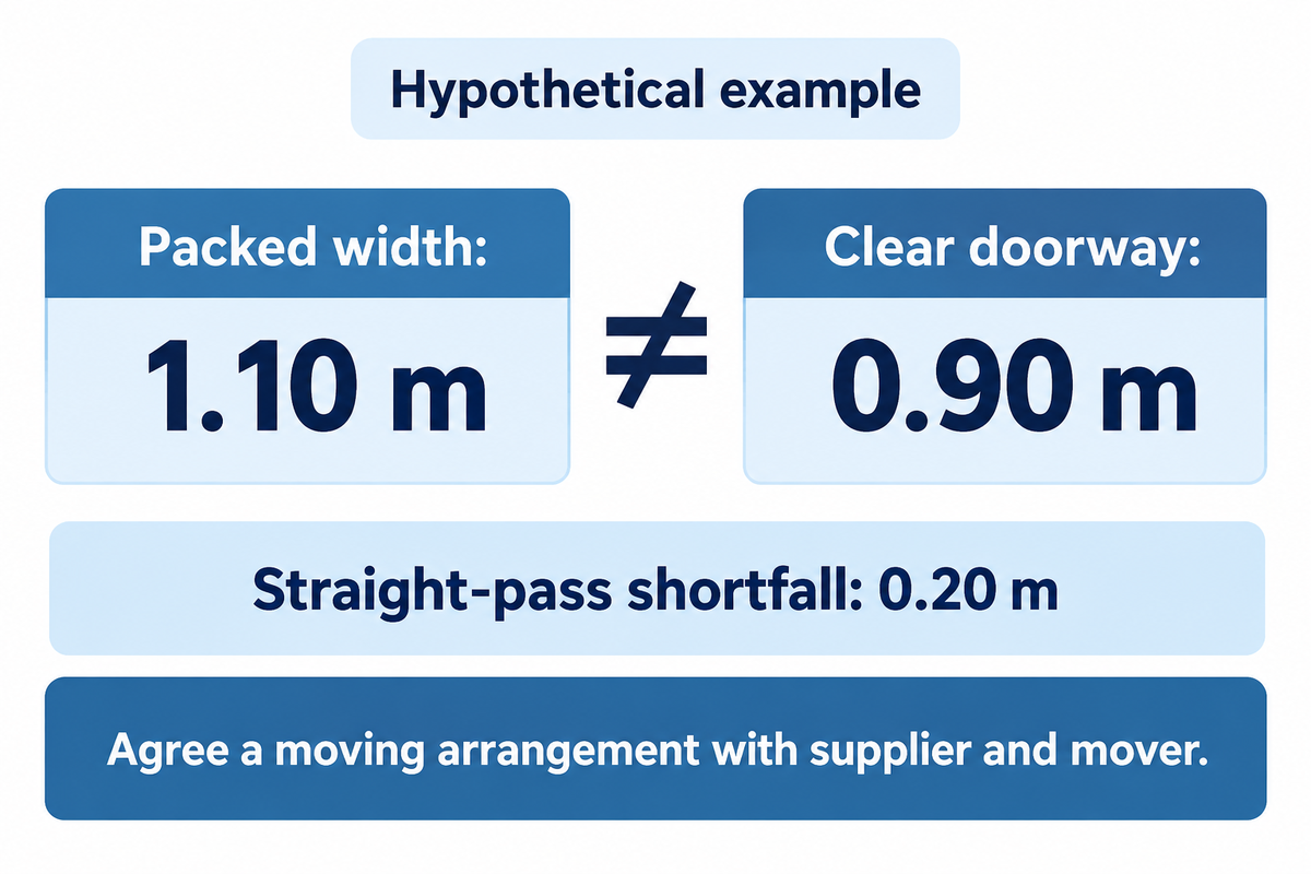 In the hypothetical example, a 1.10 m packed chamber cannot pass straight through a 0.90 m clear doorway; agree the moving arrangement.