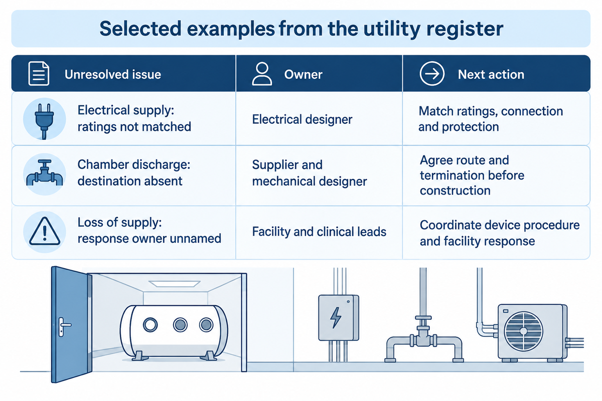 Three selected interfaces show the missing input, responsible owner and next action: electrical ratings, discharge destination and loss-of-supply response.