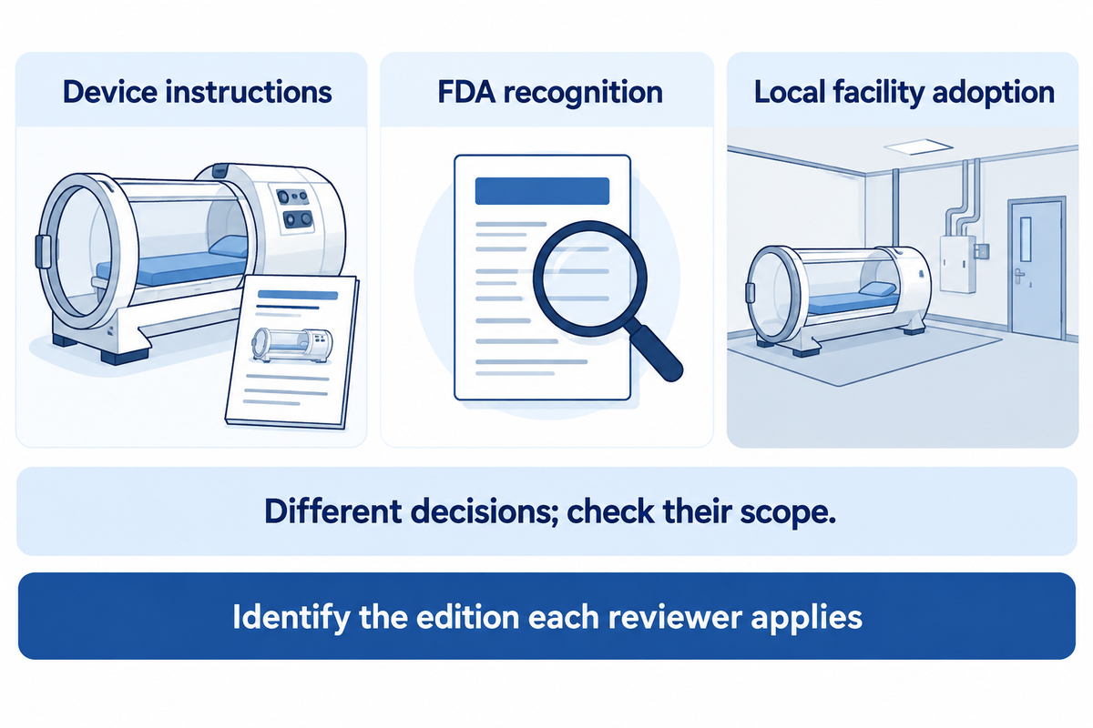 Device instructions, FDA standards recognition and local facility-code adoption have different scopes; identify the edition and reviewer for each decision.