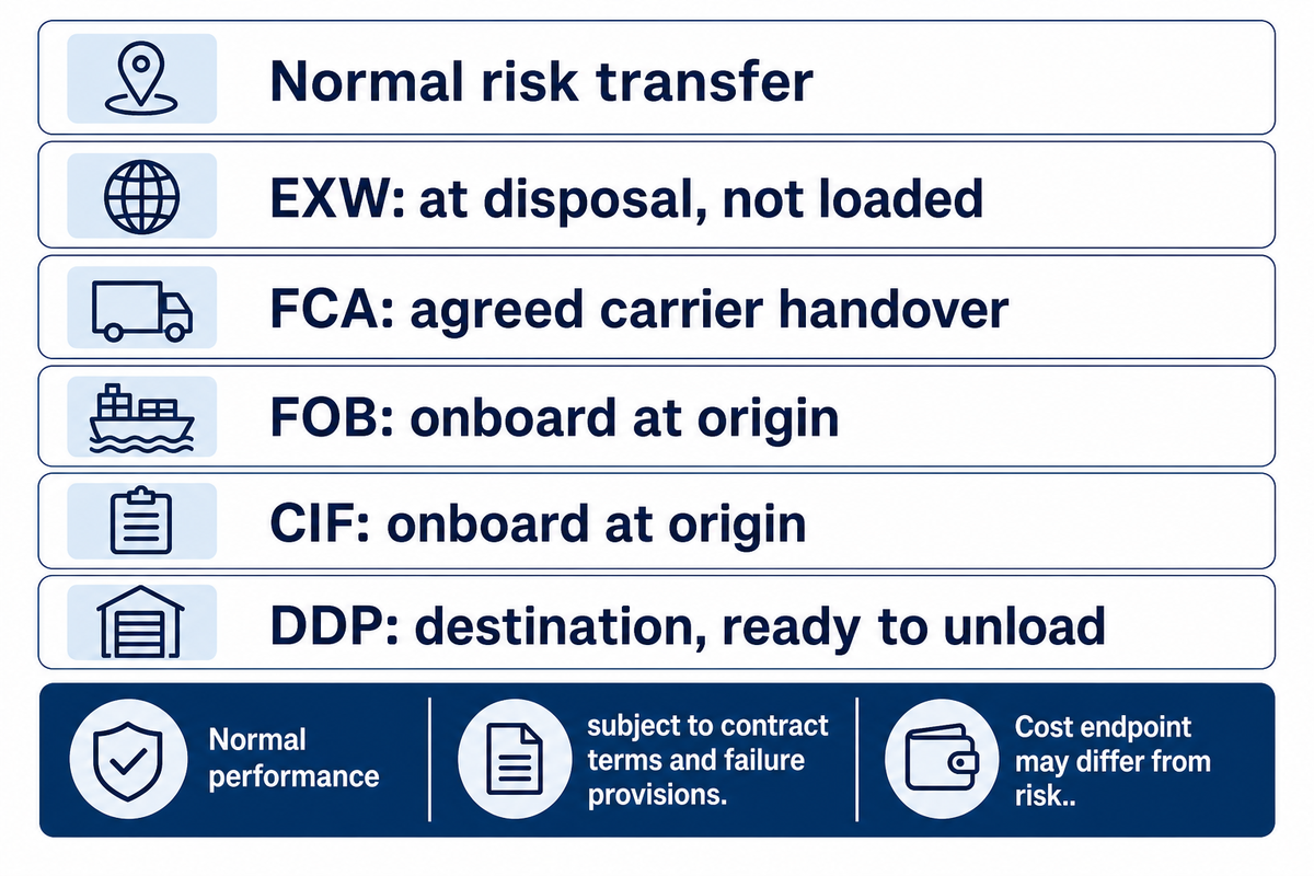 Normal risk transfer differs across EXW, FCA, FOB, CIF and DDP; contract and failure provisions apply. ICC.
