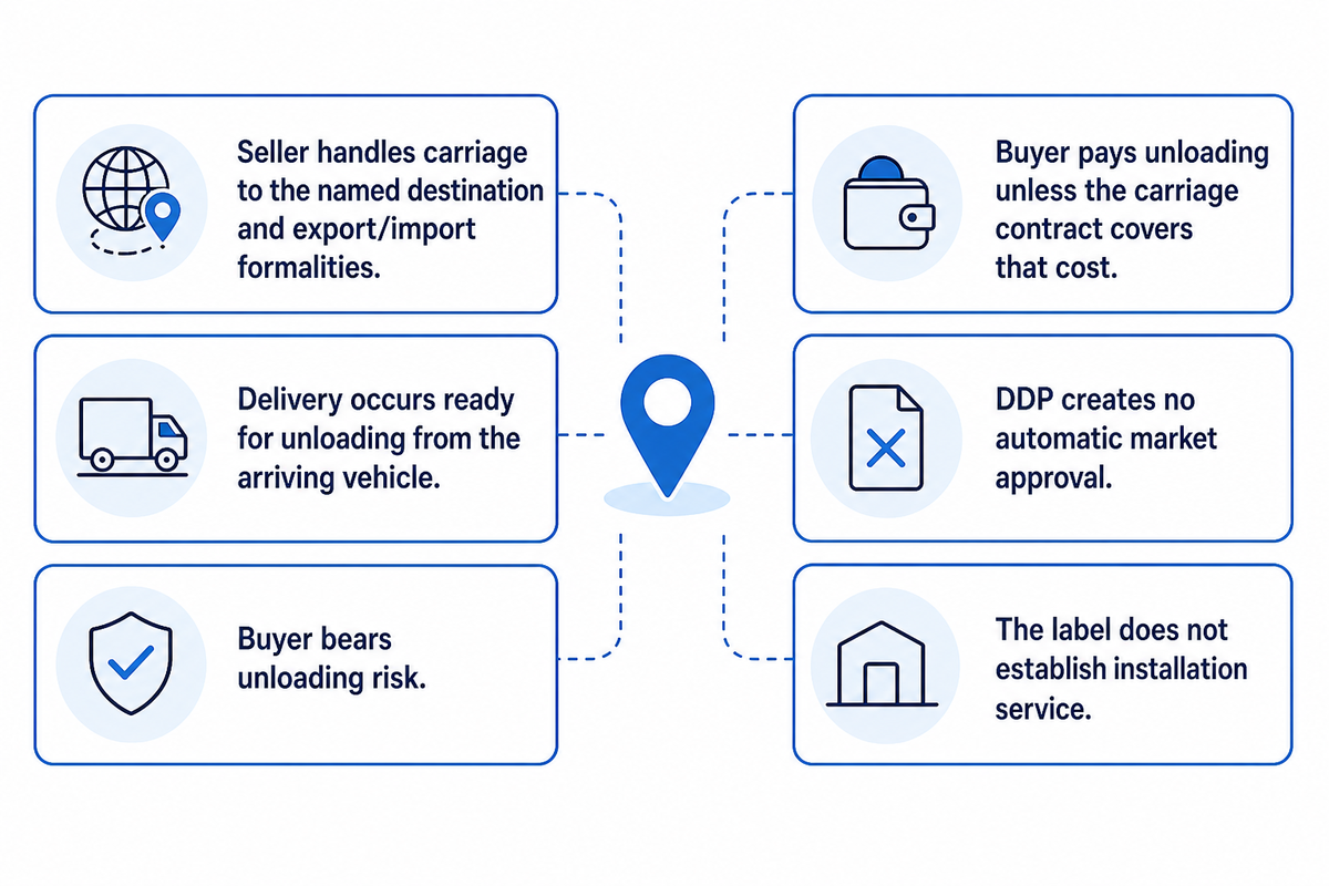DDP leaves unloading risk with the buyer; check included charges, importer feasibility and installation scope. ICC.