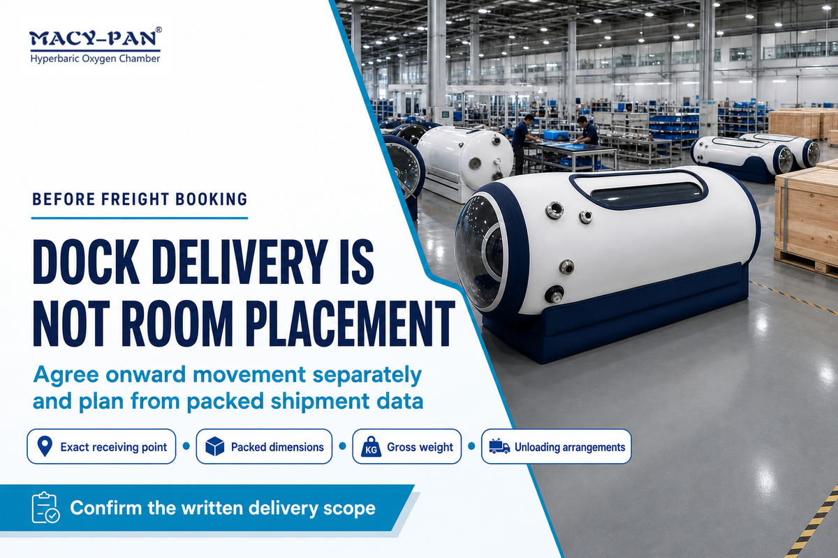 Dock delivery excludes room movement unless agreed; plan receiving from packed dimensions and gross weight. MACY-PAN guide.