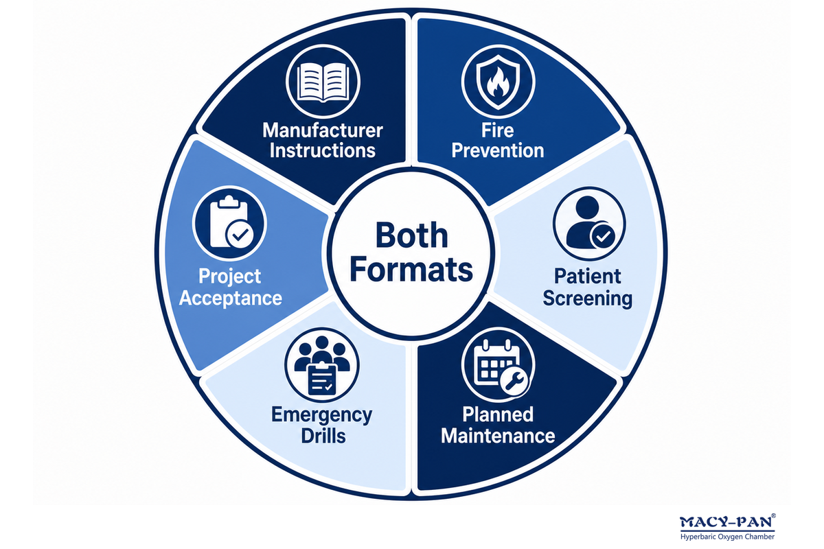 Both formats need manufacturer instructions, fire prevention, screening, maintenance, drills, and acceptance [article].
