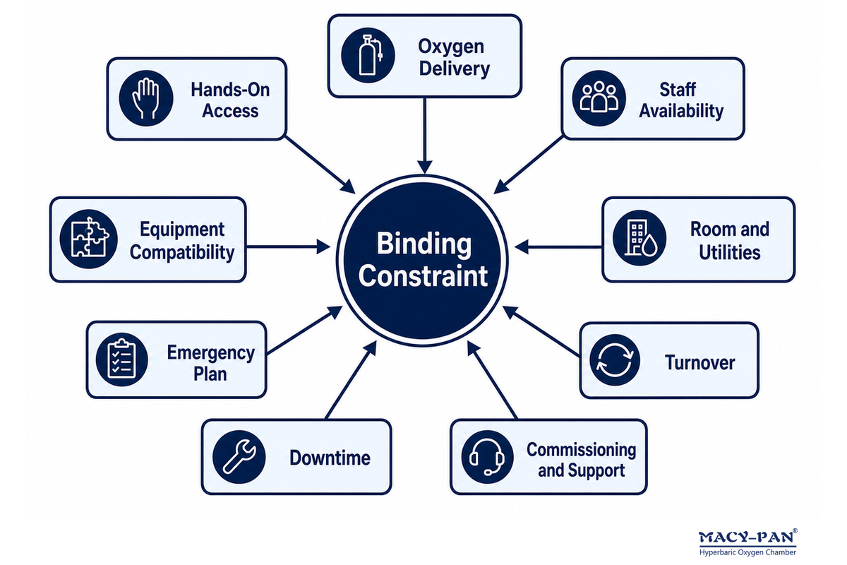 Access, equipment, oxygen, staff, room, turnover, emergencies, downtime, and support can limit capacity [article].